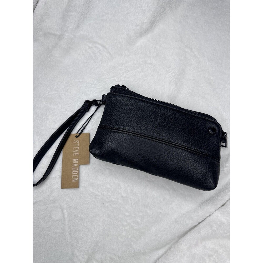 Steve Madden Clutch Bag Womens Small Black Faux Leather Wristlet Zip Purse